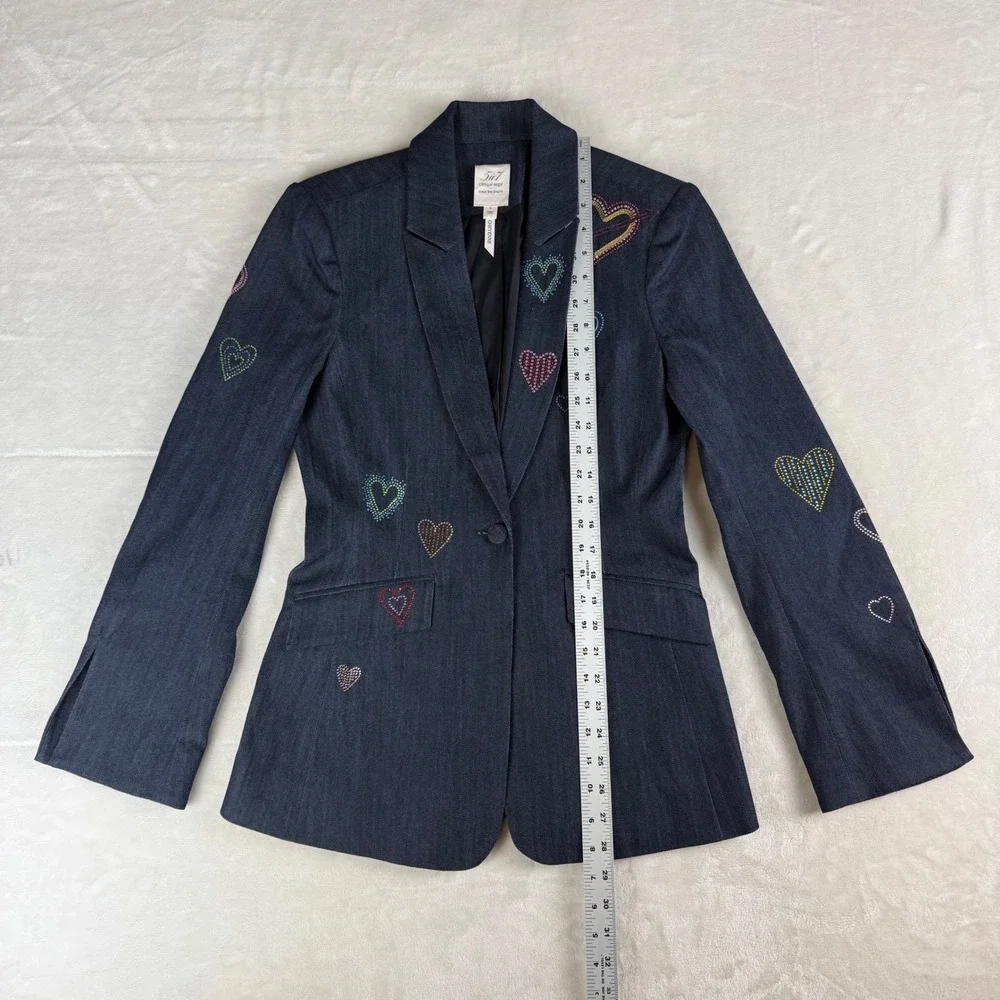 Cinq a Sept Cheyenne Blazer Women Size 6 Blue Denim Rhinestone Heart Embellished